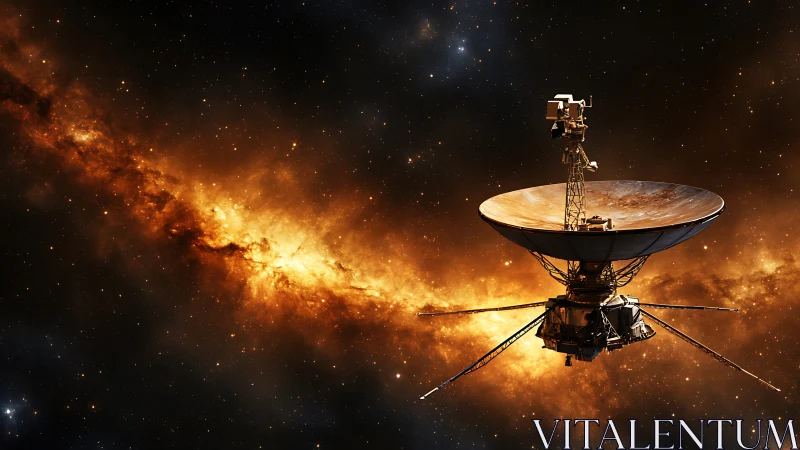 Deep space probe with large dish antenna crossing star field