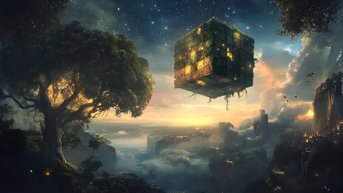Floating luminous cube above misty fantasy cliffs at dusk.
