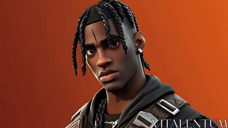 Stoic stylized warrior in quilted armor on orange field.