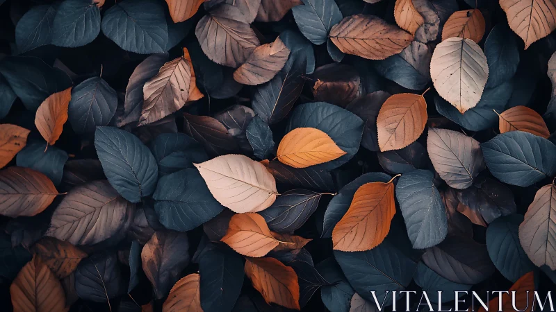 Overhead macro of autumn foliage with teal and copper tones
