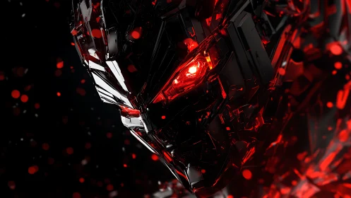 Cybernetic obsidian helmet with glowing red crystalline core.