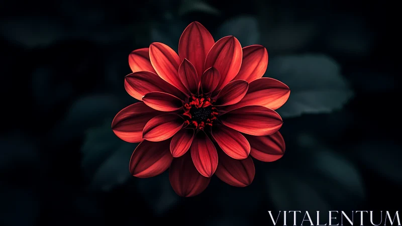 Red dahlia bloom photographed against dark blurred background