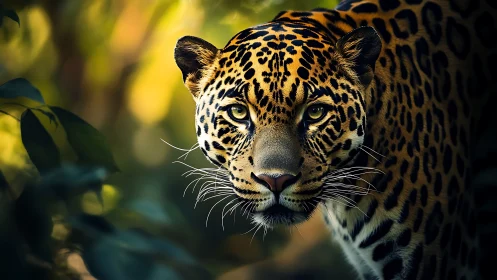 Jungle-eyed jaguar prowls through emerald bokeh light.