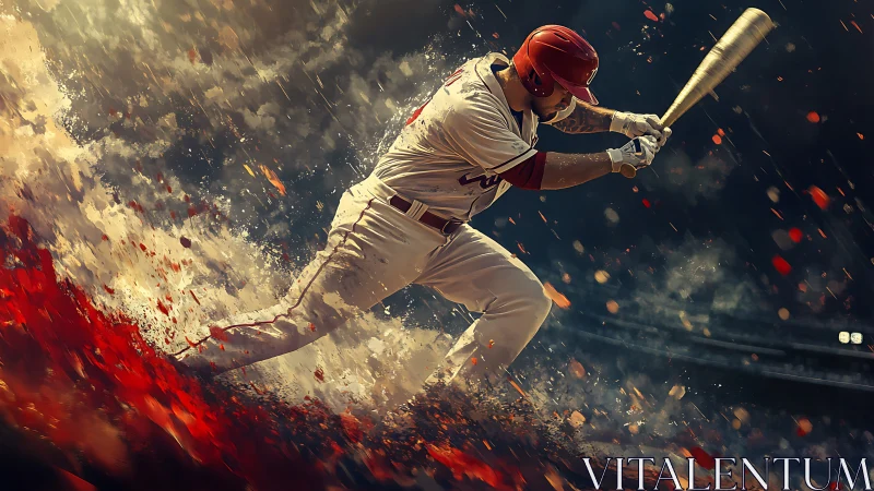 Powerful baseball swing bursting with motion and fire.