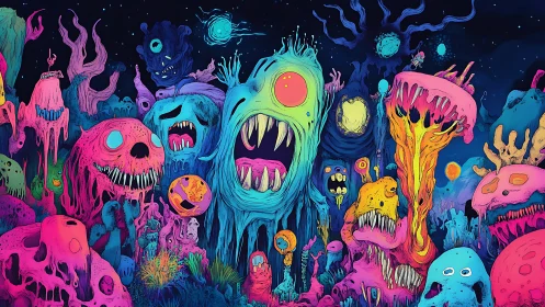 Neon slime monsters erupt across a surreal alien nightscape