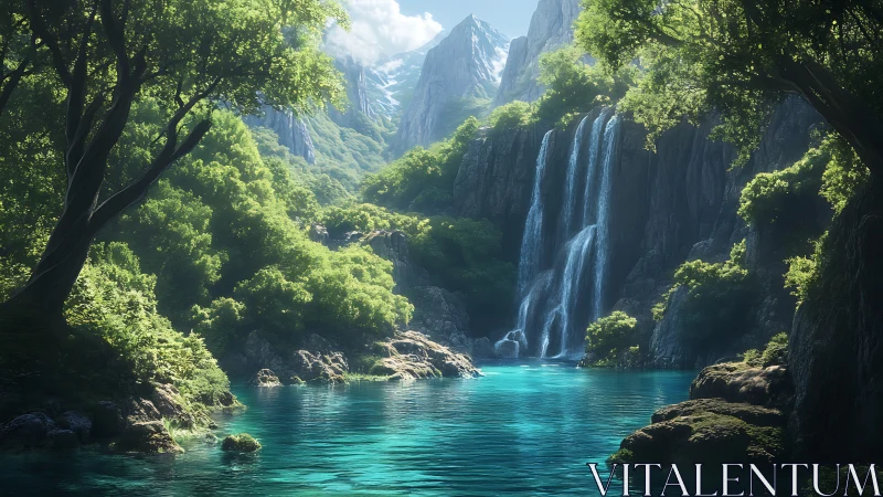 Mountain waterfall pool in lush green forest valley.