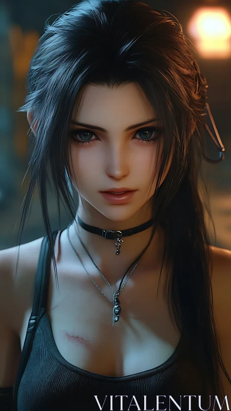 Warrior heroine portrait with cyberpunk ambient glow.