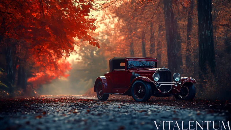 Crimson roadster lingering under a forest of burning leaves.