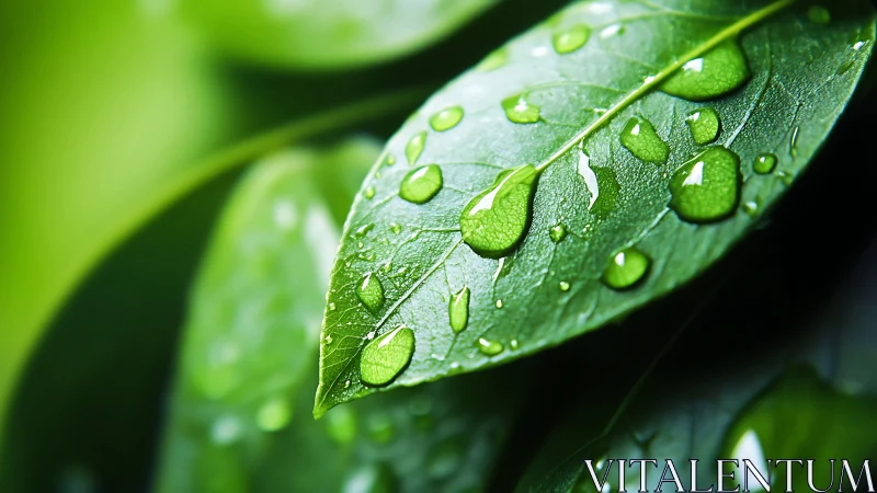 Macro close-up isolates dew-covered leaf surface with specular highlights