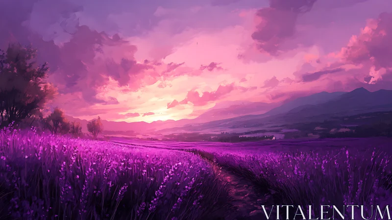 Lavender field under vivid pink and purple sunset sky.