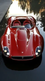 Red classic roadster reflects over still canal water