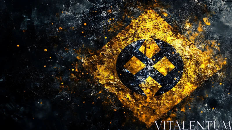 Exploding yellow crypto emblem burns through dark void