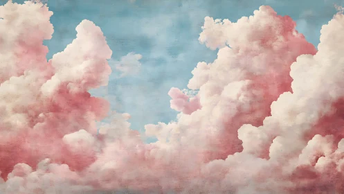 Pink and white cumulus cloud formations against blue sky.