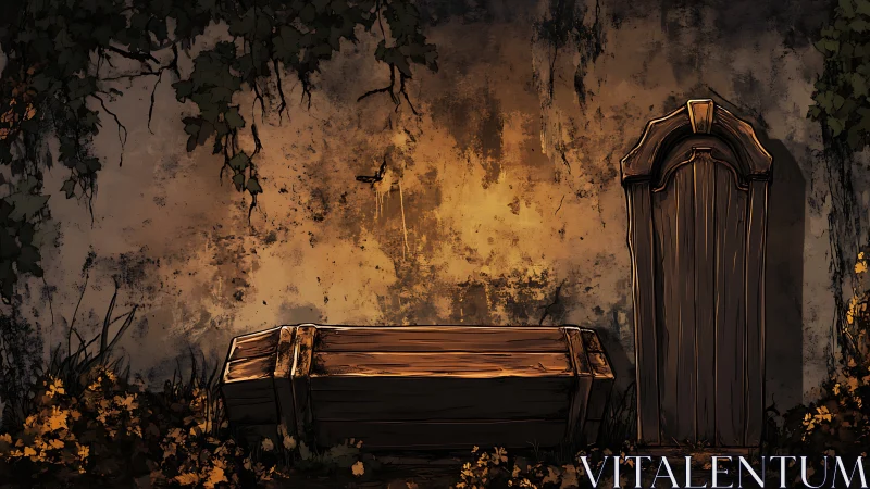 Weathered coffin rests before crumbling graveyard wall