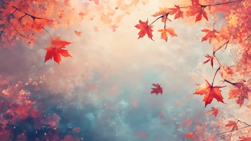 Maple leaves suspended over soft pastel autumn sky.