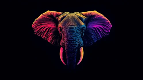 Neon dusk elephant portrait blazing against midnight void.