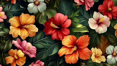 Vibrant Tropical Floral Arrangement on Dark Background.