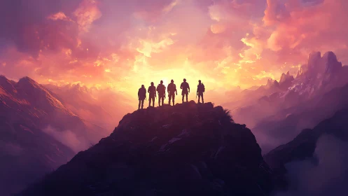 Silhouetted mountaineers on volcanic-gradient sunrise ridge.