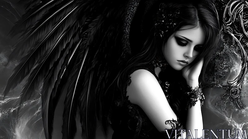 Melancholic dark angel rests in a storm of shadowed wings