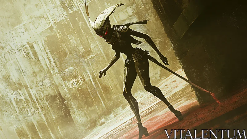 Blade-armed biomechanoid sentinel in dystopian corridor ambush