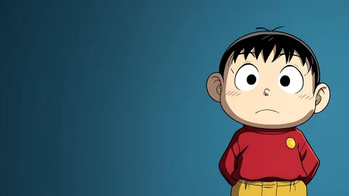 Wide-eyed cartoon kid paused in a quiet blue moment.