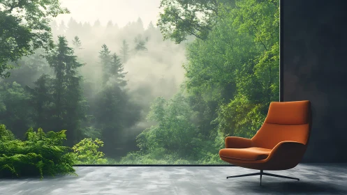 Modern Lounge Chair Overlooking Misty Forest Landscape.