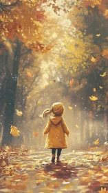 Child in yellow coat wandering through glowing autumn forest.