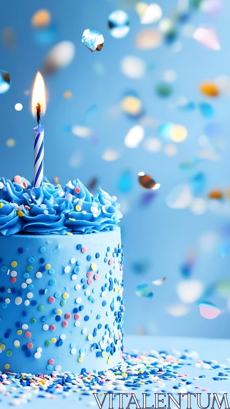 Blue Birthday Cake with Single Candle Against Soft Bokeh Background