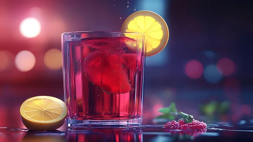 Red Cocktail with Lemon Garnish - Neon Bar Setting.