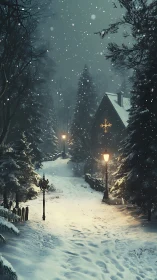 Snow-lit cabin path under falling twilight winter snowstorm.