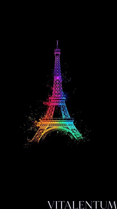 Neon rainbow Eiffel Tower illustration on black background.