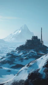 Isolated industrial base on frozen mountain landscape.