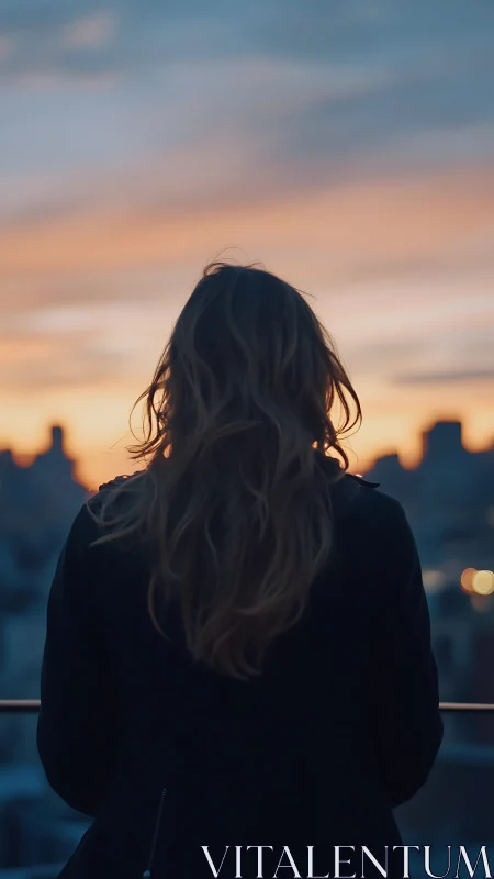 Backlit figure studies pastel urban skyline under shallow depth