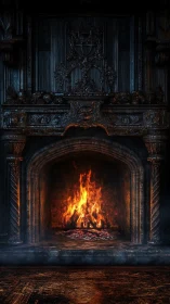 Ornate fireplace with active flames and sculptural mantelpiece