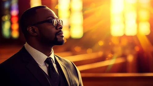 Business professional in church interior under golden sunrays.