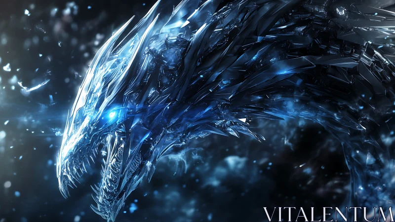 Shimmering ice dragon sweeps through a storm of blue shards