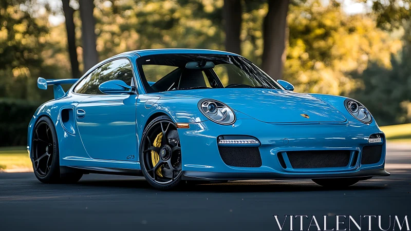 Blue Porsche 911 GT3 rests on forest road in soft sunlight.