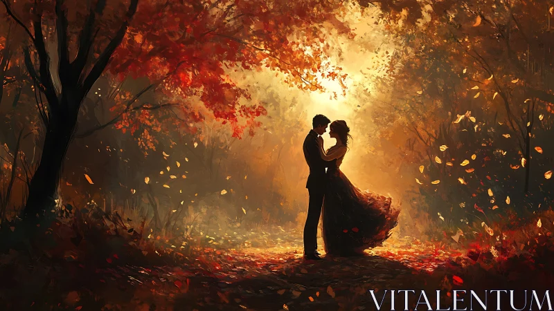 Couple Embracing in Autumn Forest with Golden Light