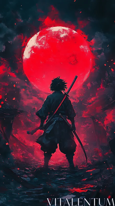 Lone samurai faces blood-red moon over burning ruins