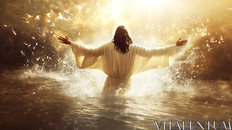 Radiant robed figure rising in golden baptismal waters.