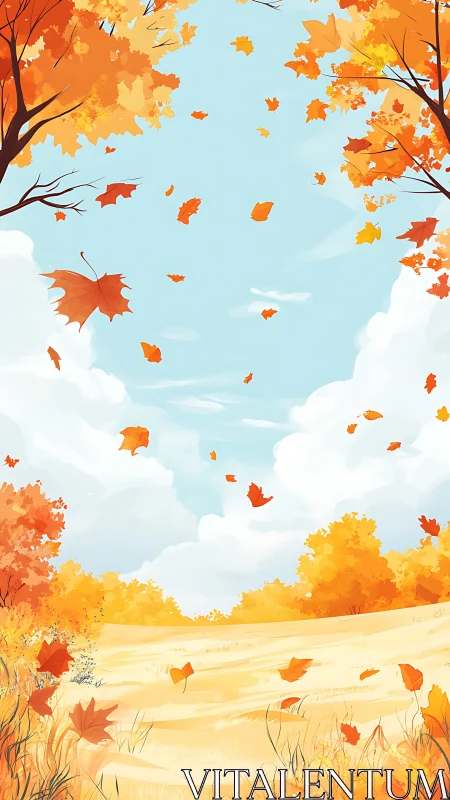Autumn meadow landscape with swirling orange foliage skyward.