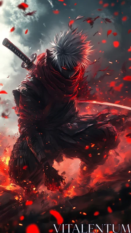 Sword-wielding masked warrior kneels amid swirling embers