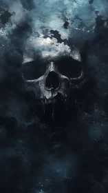 Bleached skull shape emerging from dark stormy clouds.