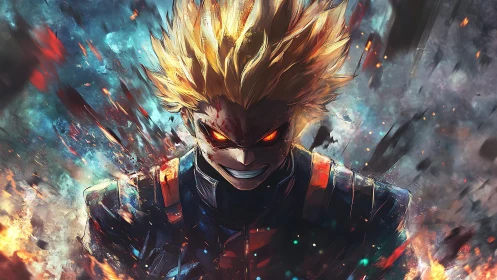 Intense anime warrior with fiery aura in battle scene.