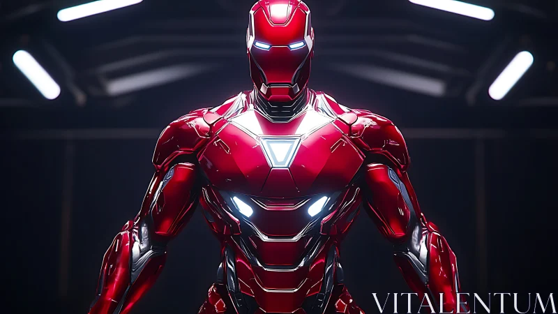 Crimson armored android under stark futuristic hangar lights.