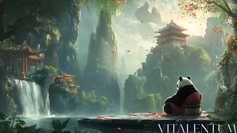 Solitary panda meditates before misty pagodas in steep river gorge