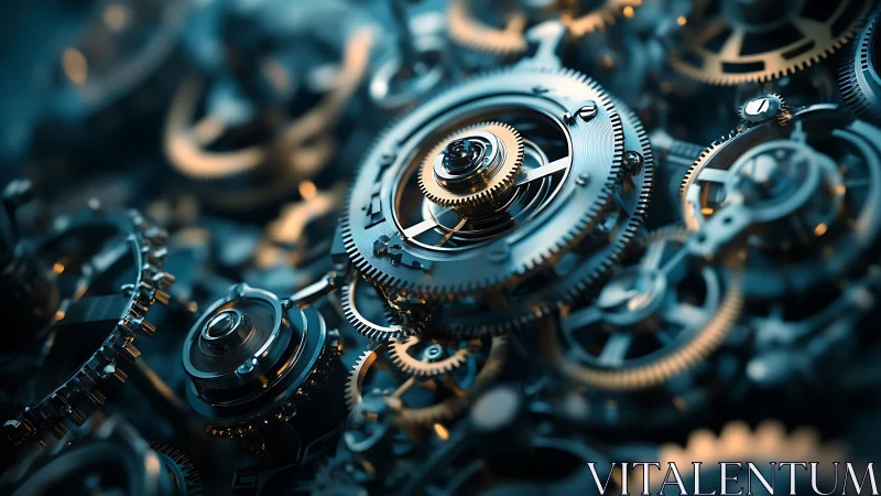 Gleaming clockwork gears in a dreamy mechanical tangle.