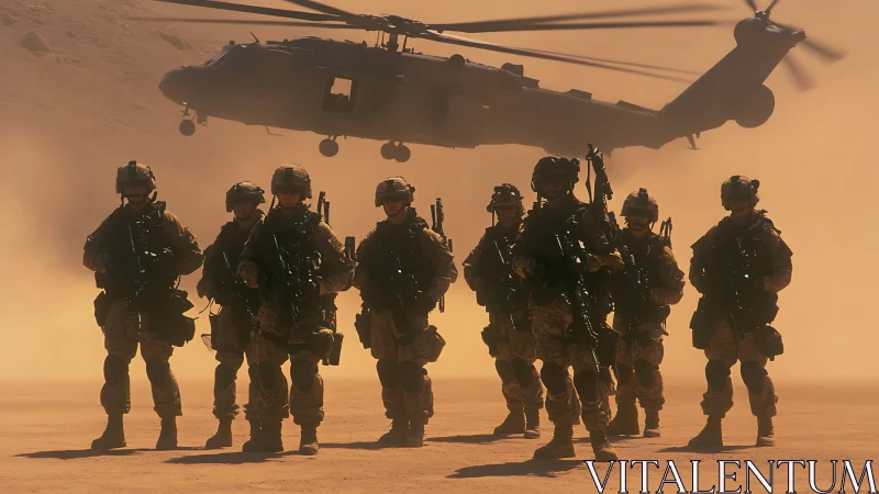 Soldiers stand in formation as helicopter hovers in dust