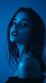 Cinematic blue-lit portrait with high-contrast side profile.