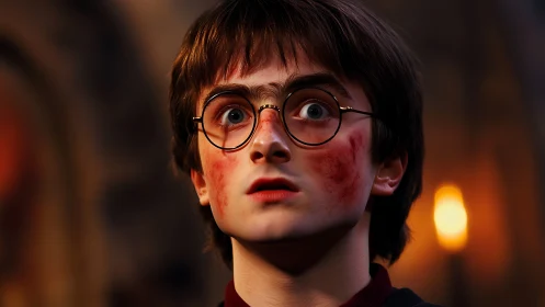 Wide-eyed young wizard stands shocked in warm torchlight